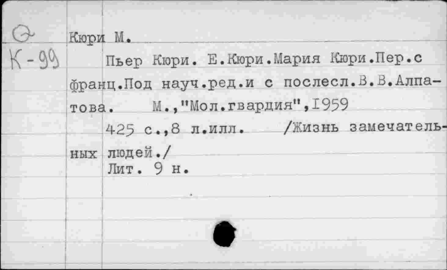 ﻿	Кюпи М.	
К-2&		Пьер Кюри. Е.Кюри.Мария Кюри.Пер.с
	фраь	щ.Под науч.ред.и с послесл.В.В.Алпа-
	ТОВс	1.	М.,"Мол.гвардия",1959 425 с.,8 л.илл.	/Жизнь замечатель
		
	ных	людей./ Лит . 9 н.
		
		